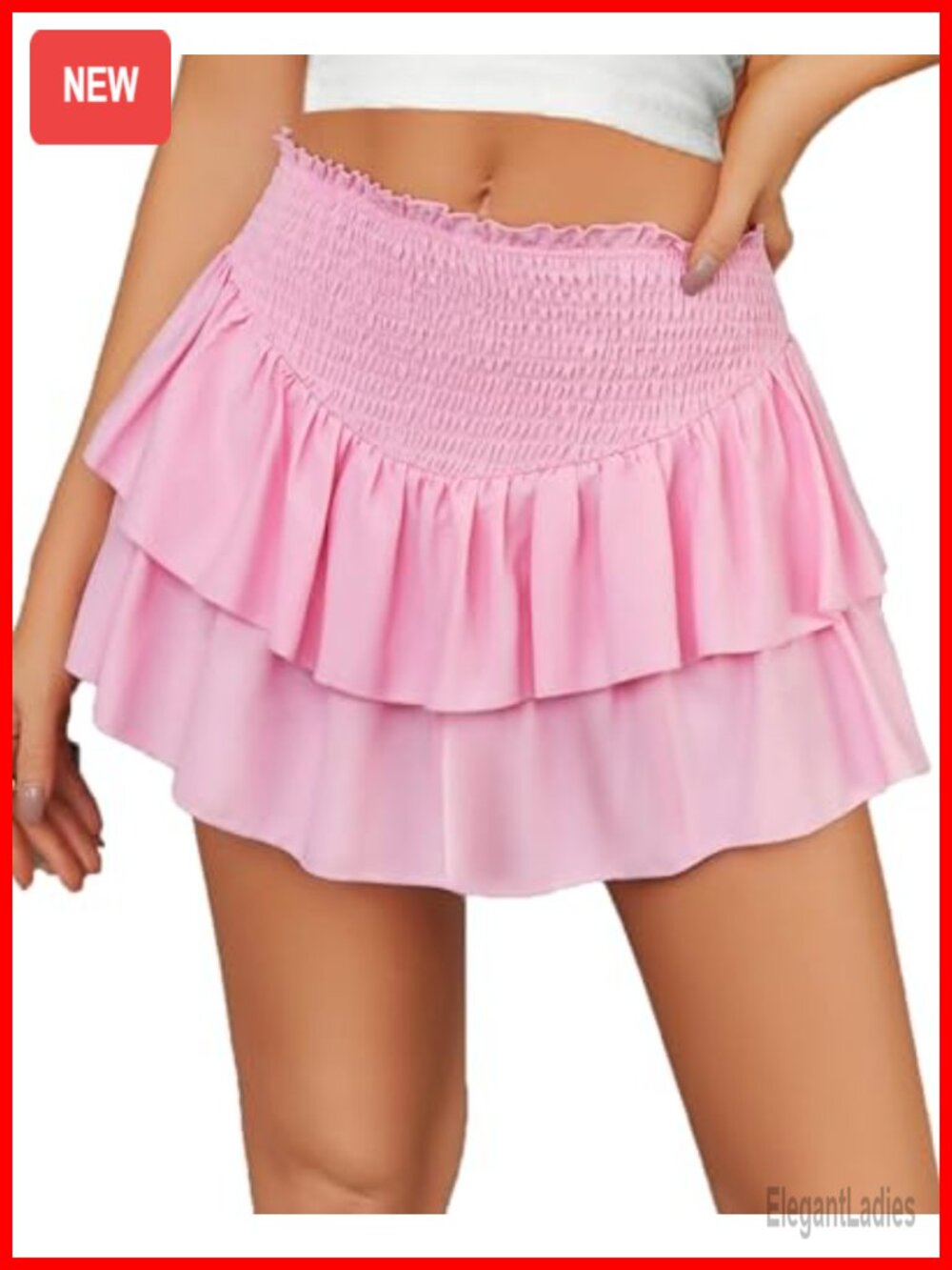 High Waist Ruffle Flowy Mini Skirt Pleated Smocked Layered